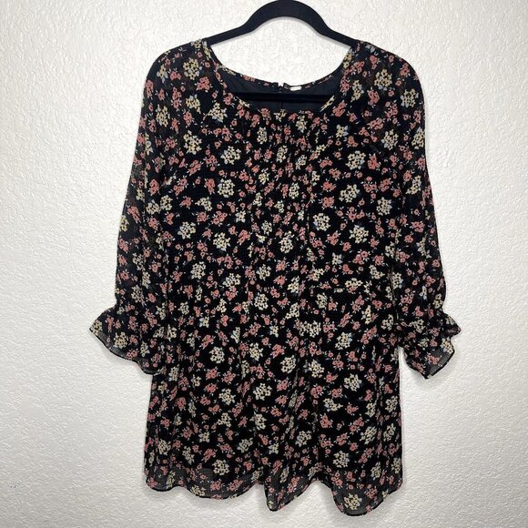 FREE People‎ Women's Black Floral Babydoll Boho Mini Dress Size Small - Picture 2 of 11
